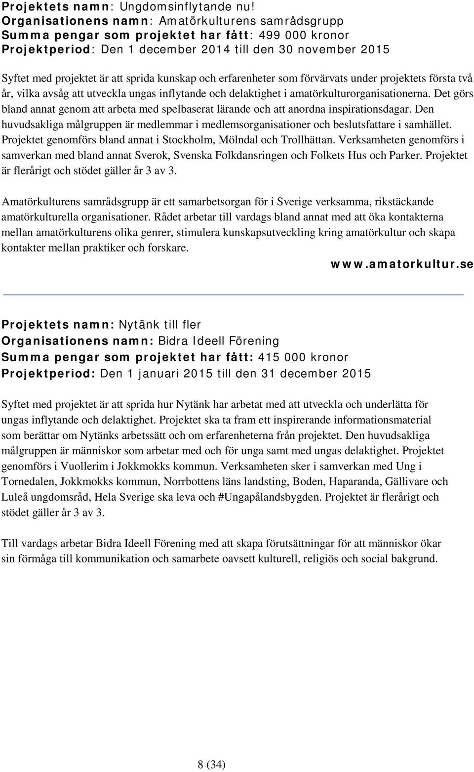 kunskap och erfarenheter som förvärvats under projektets första två år, vilka avsåg att utveckla ungas inflytande och delaktighet i amatörkulturorganisationerna.