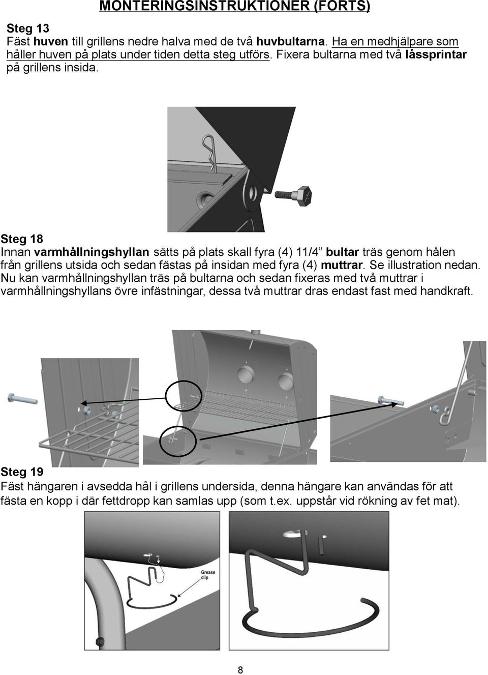 Steg 18 Innan varmhållningshyllan sätts på plats skall fyra (4) 11/4 bultar träs genom hålen från grillens utsida och sedan fästas på insidan med fyra (4) muttrar. Se illustration nedan.