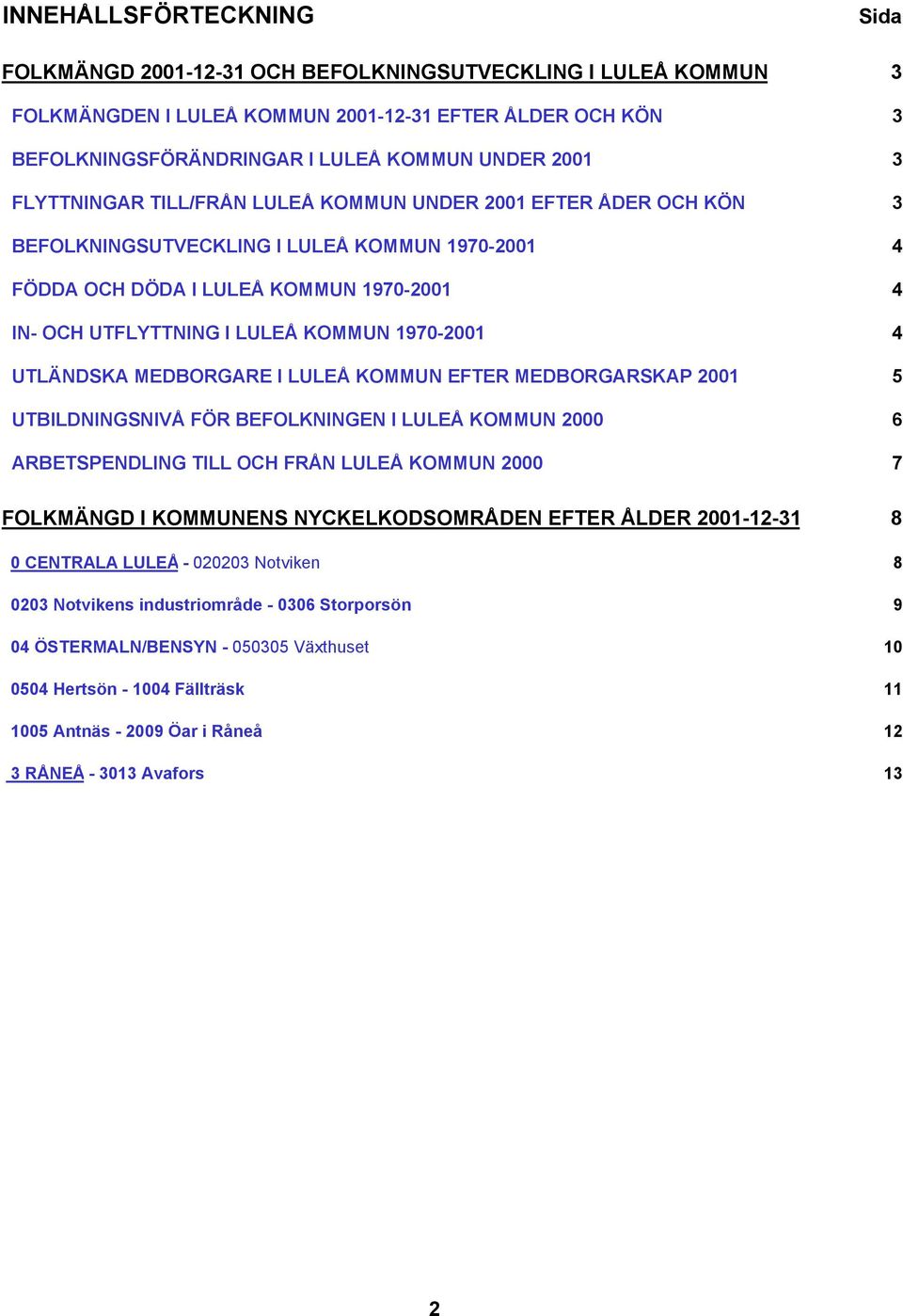 1970-2001 4 UTLÄNDSKA MEDBORGARE I LULEÅ KOMMUN EFTER MEDBORGARSKAP 2001 5 UTBILDNINGSNIVÅ FÖR BEFOLKNINGEN I LULEÅ KOMMUN 2000 6 ARBETSPENDLING TILL OCH FRÅN LULEÅ KOMMUN 2000 7 FOLKMÄNGD I