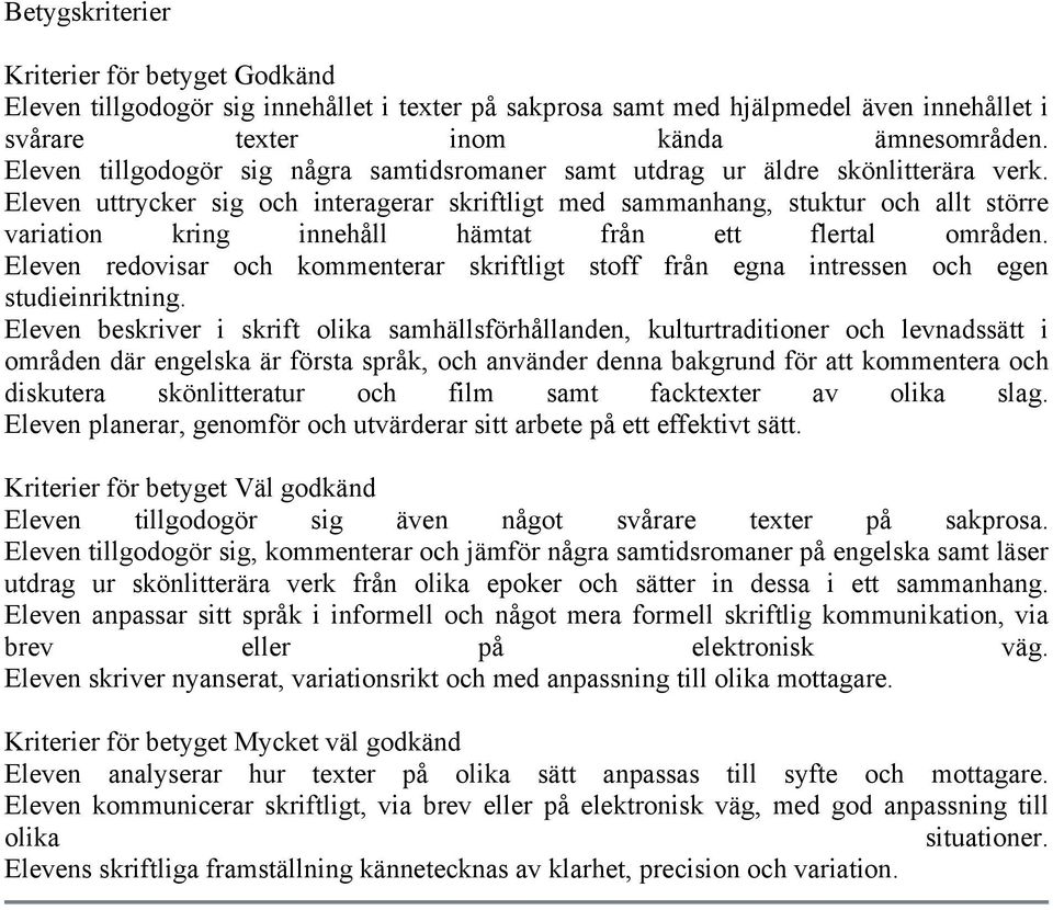 Eleven uttrycker sig och interagerar skriftligt med sammanhang, stuktur och allt större variation kring innehåll hämtat från ett flertal områden.