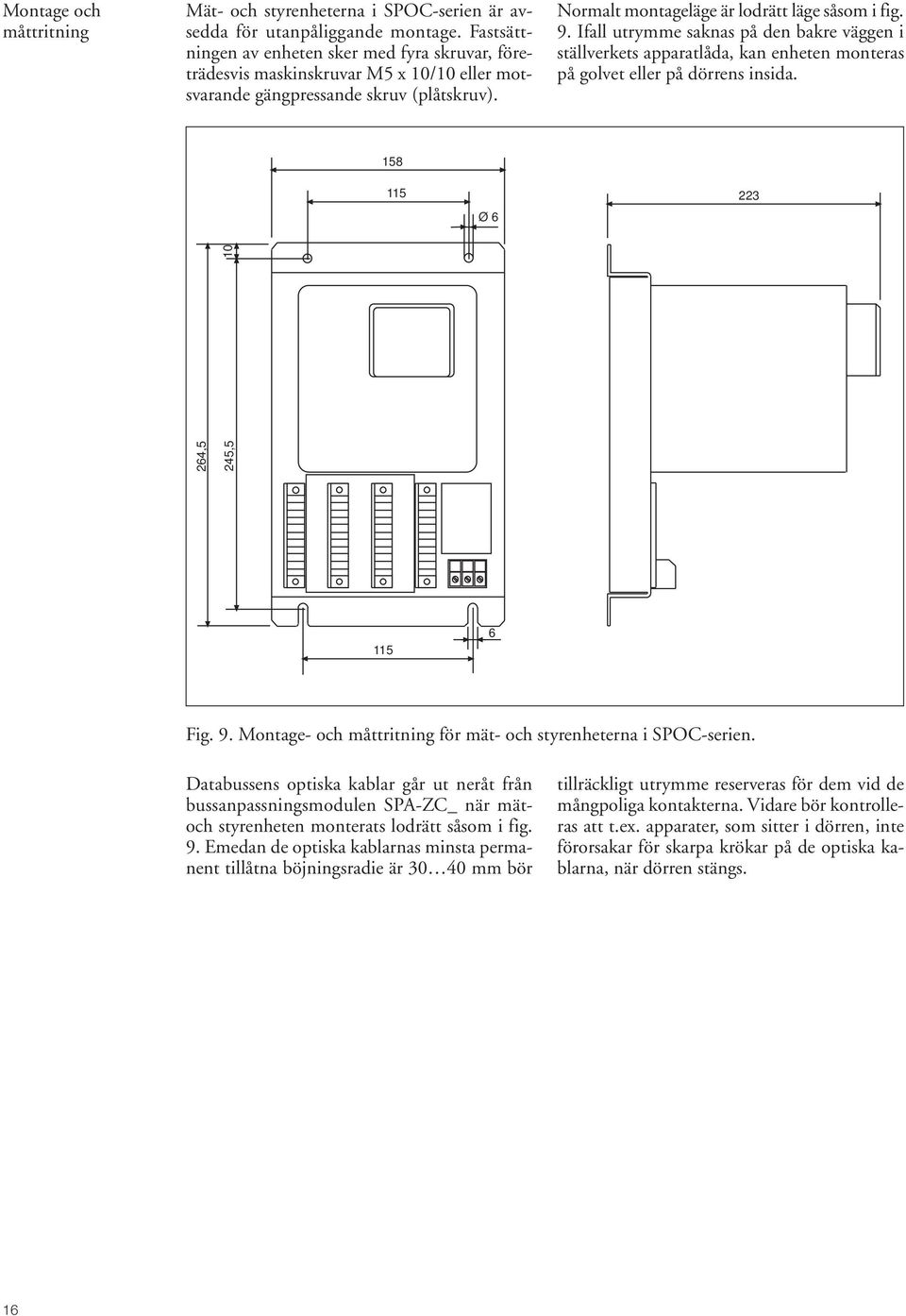Ifall utrymme saknas på den bakre väggen i ställverkets apparatlåda, kan enheten monteras på golvet eller på dörrens insida. 158 115 Ø 6 223 264,5 245,5 10 115 6 Fig. 9.