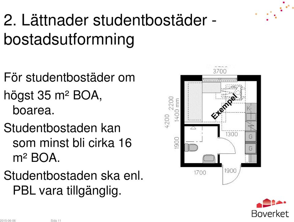 Studentbostaden kan som minst bli cirka 16 m² BOA.
