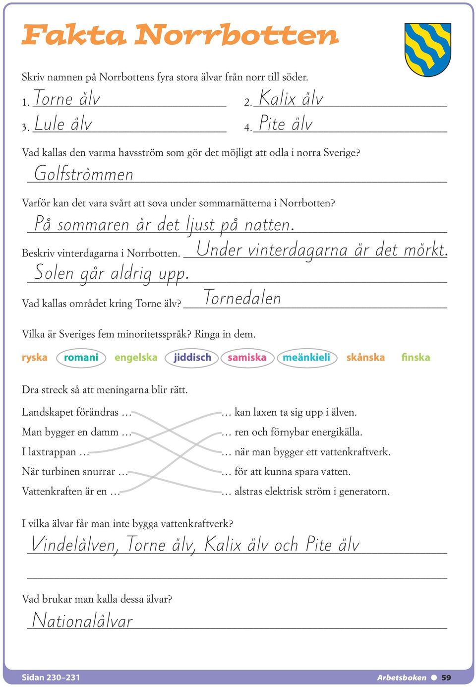 Tornedalen Beskriv vinterdagarna i Norrbotten. Vad kallas området kring Torne älv? Vilka är Sveriges fem minoritetsspråk? Ringa in dem.