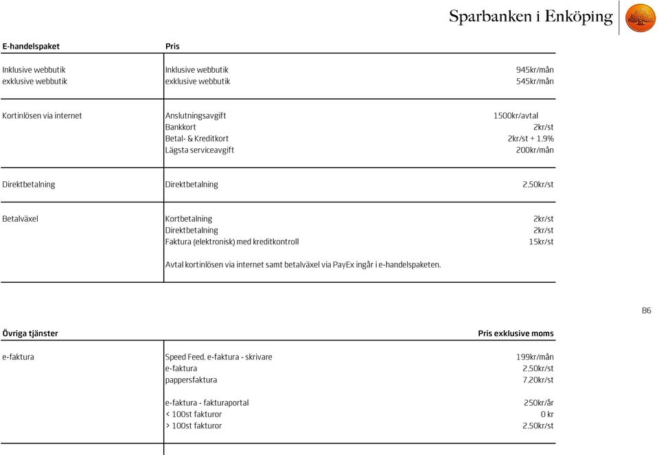 2kr/st Faktura (elektronisk) med kreditkontroll 15kr/st Avtal kortinlösen via internet samt betalväxel via PayEx ingår i e-handelspaketen.