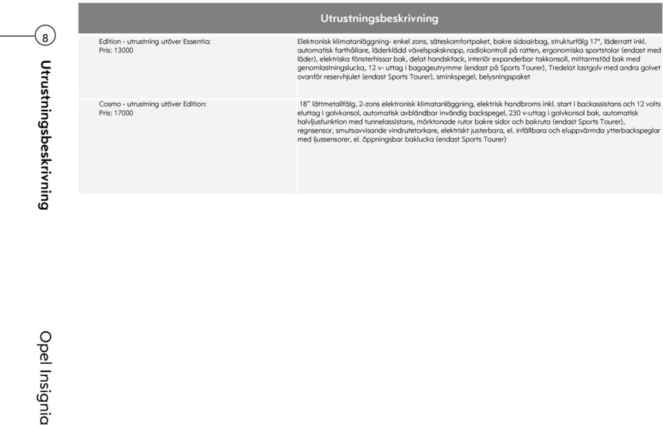 automatisk farthållare, läderklädd växelspaksknopp, radiokontroll på ratten, ergonomiska sportstolar (endast med läder), elektriska fönsterhissar bak, delat handskfack, interiör expanderbar