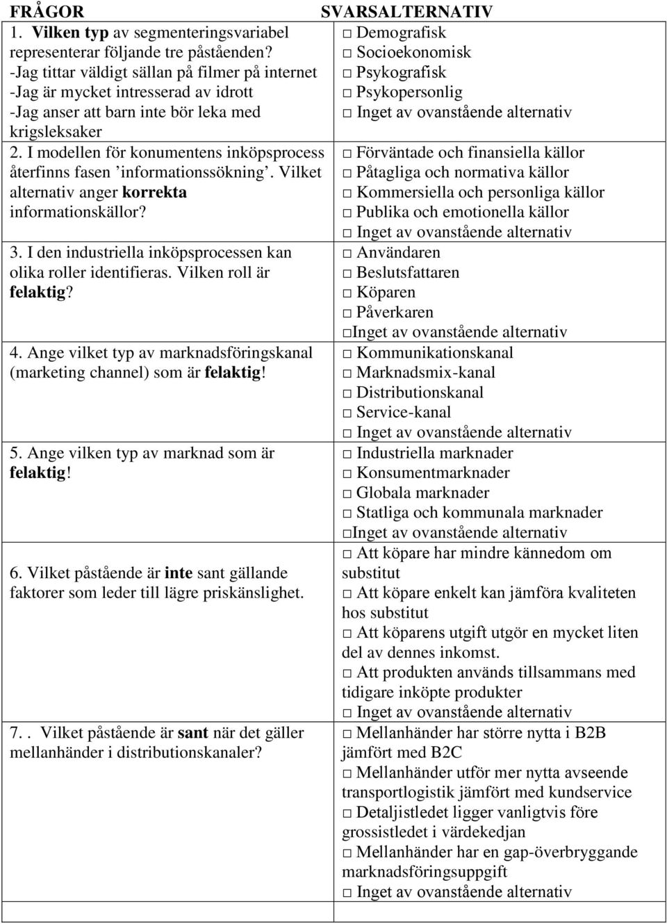 I modellen för konumentens inköpsprocess återfinns fasen informationssökning. Vilket alternativ anger korrekta informationskällor? 3. I den industriella inköpsprocessen kan olika roller identifieras.