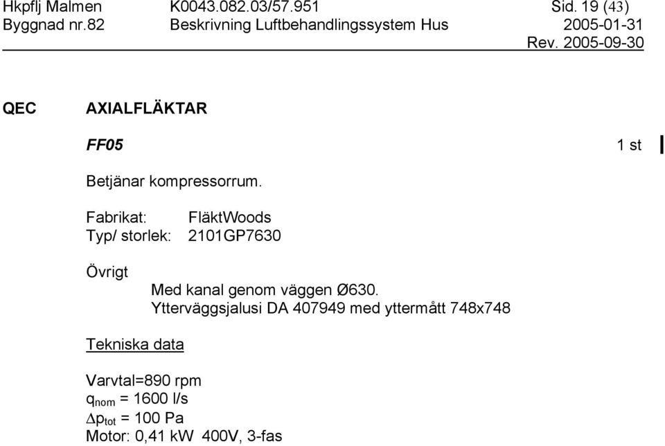 Fabrikat: FläktWoods 2101GP7630 Övrigt Med kanal genom väggen Ø630.