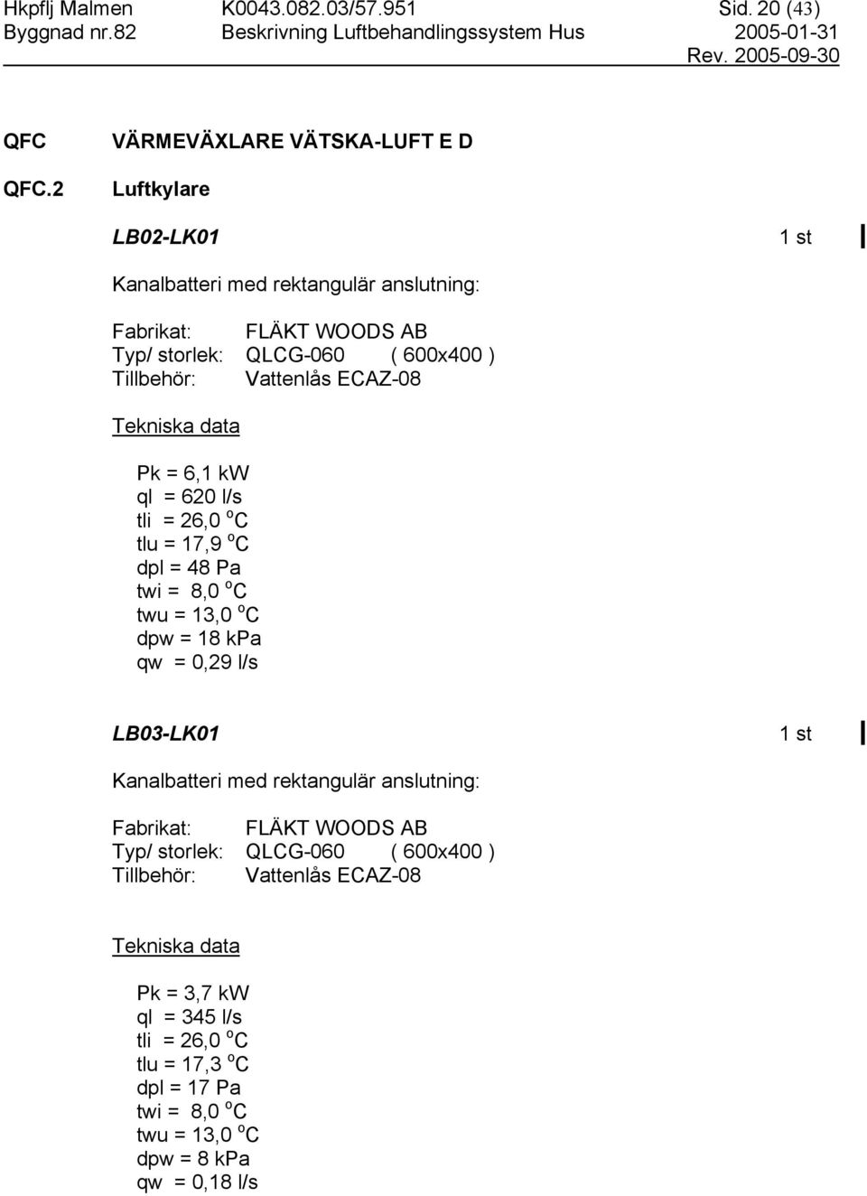 Tillbehör: Vattenlås ECAZ-08 Pk = 6,1 kw ql = 620 l/s tli = 26,0 o C tlu = 17,9 o C dpl = 48 Pa twi = 8,0 o C twu = 13,0 o C dpw = 18 kpa qw = 0,29