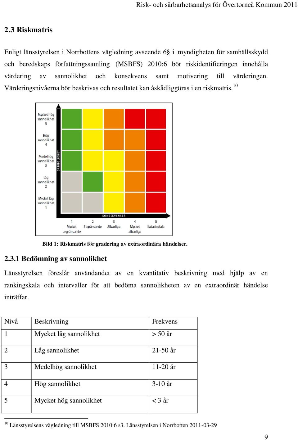 10 Bild 1: Riskmatris för gradering av extraordinära händelser. 2.3.