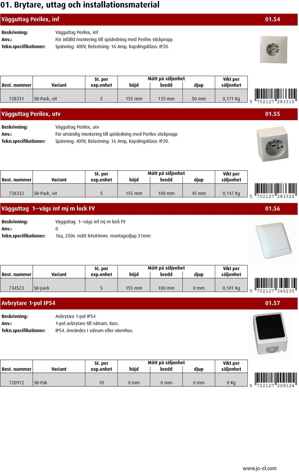 55 Vägguttag Perilex, utv För utvändig montering till spisledning med Perilex stickpropp Spänning: 400V, Belastning: 16 Amp, Kapslingsklass: IP20.