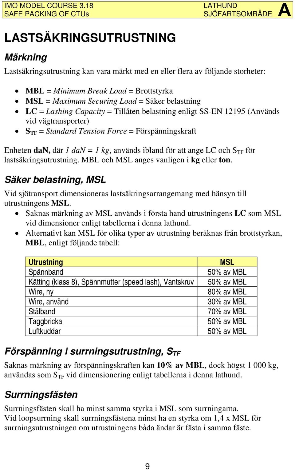 ange LC och S TF för lastsäkringsutrustning. MBL och MSL anges vanligen i kg eller ton. Säker belastning, MSL Vid sjötransport dimensioneras lastsäkringsarrangemang med hänsyn till utrustningens MSL.