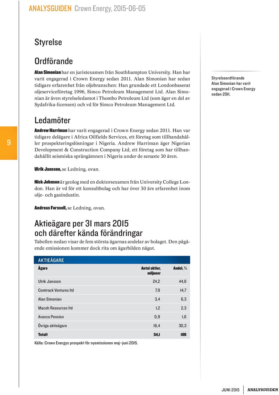Alan Simonian är även styrelseledamot i Thombo Petroleum Ltd (som äger en del av Sydafrika-licensen) och vd för Simco Petroleum Management Ltd.