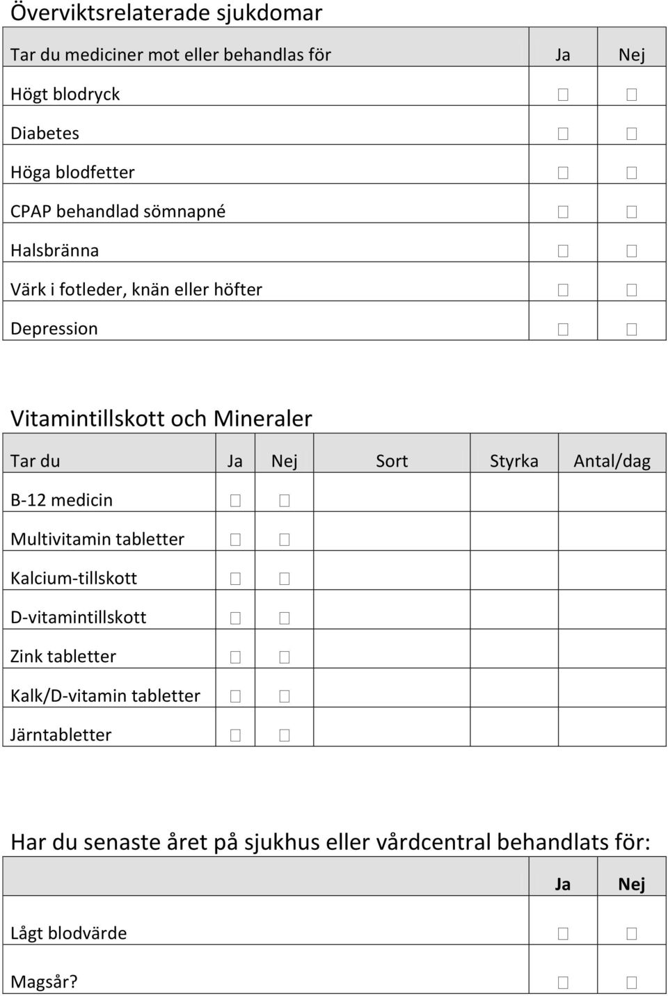 Sort Styrka Antal/dag B-12 medicin Multivitamin tabletter Kalcium-tillskott D-vitamintillskott Zink tabletter