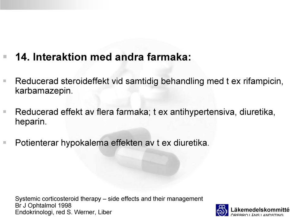 Reducerad effekt av flera farmaka; t ex antihypertensiva, diuretika, heparin.