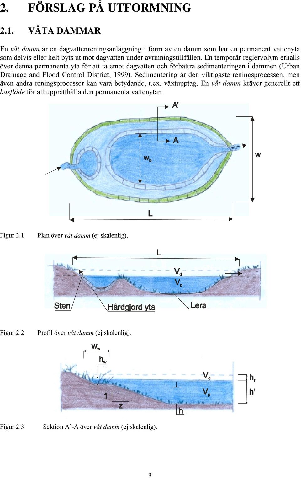 En temporär reglervolym erhålls över denna permanenta yta för att ta emot dagvatten och förbättra sedimenteringen i dammen (Urban Drainage and Flood Control District, 1999).