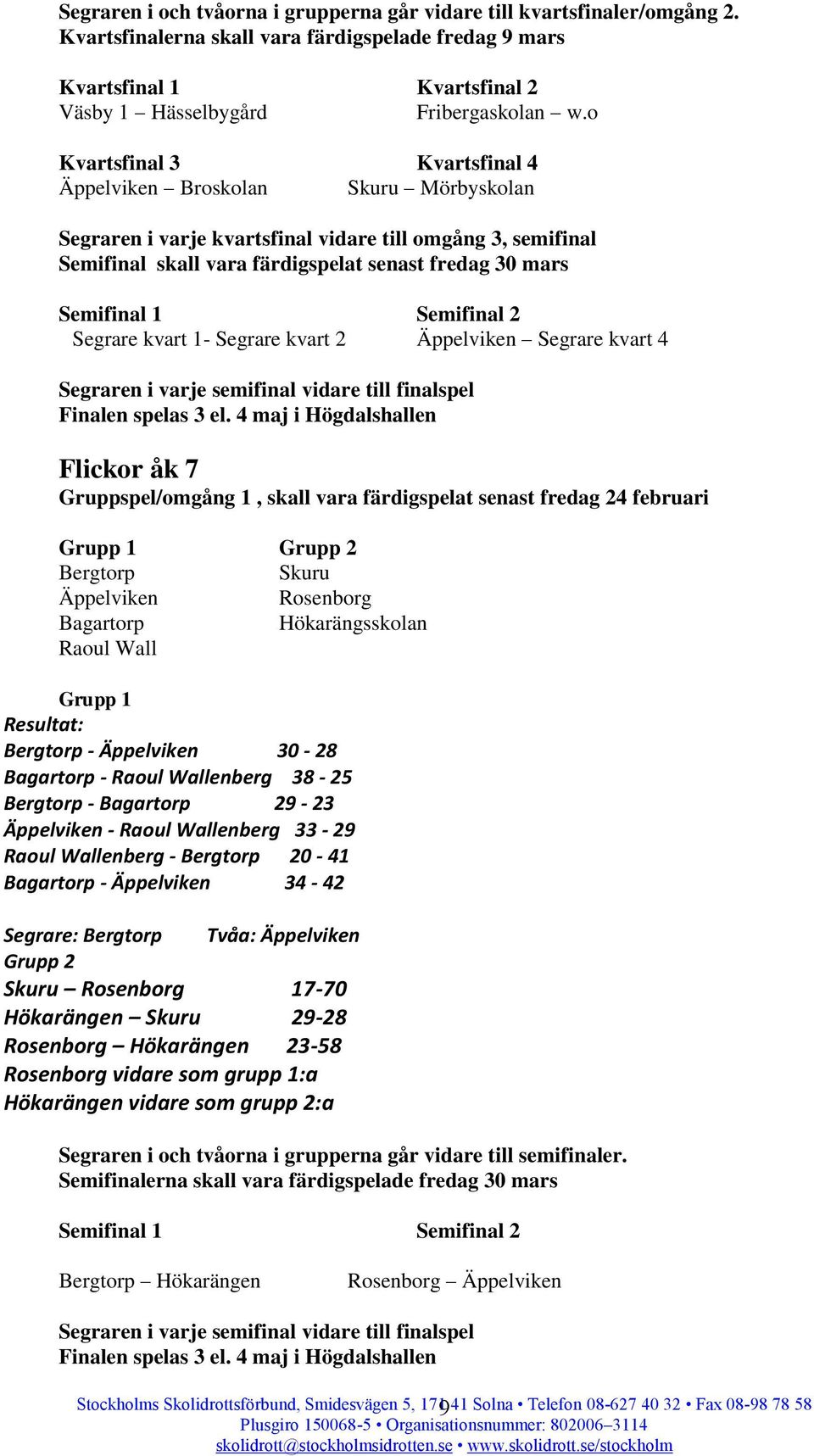 1- Segrare kvart 2 Äppelviken Segrare kvart 4 Flickor åk 7 Gruppspel/omgång 1, skall vara färdigspelat senast fredag 24 februari Grupp 1 Bergtorp Skuru Äppelviken Rosenborg Bagartorp Hökarängsskolan