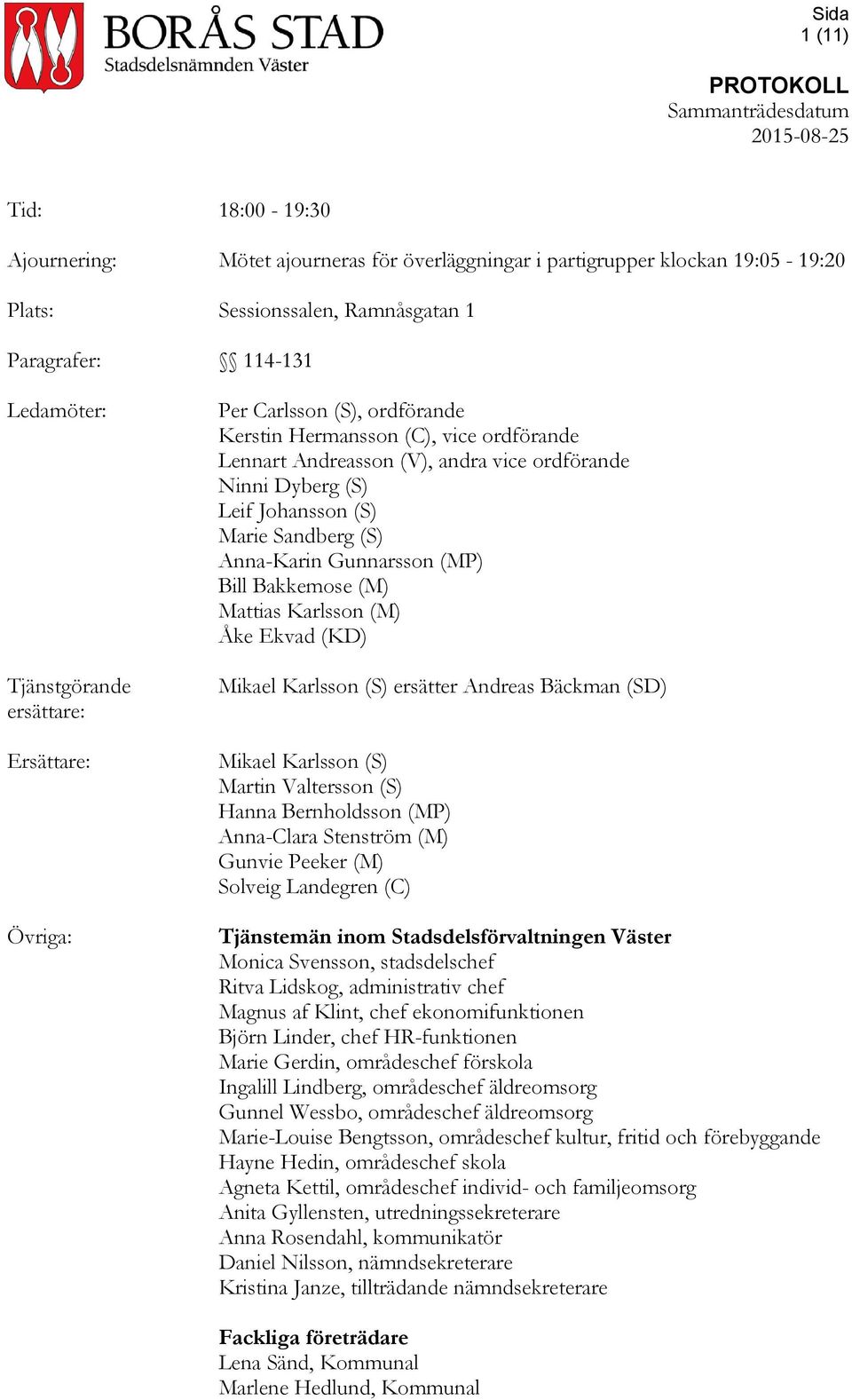Gunnarsson (MP) Bill Bakkemose (M) Mattias Karlsson (M) Åke Ekvad (KD) Mikael Karlsson (S) ersätter Andreas Bäckman (SD) Mikael Karlsson (S) Martin Valtersson (S) Hanna Bernholdsson (MP) Anna-Clara