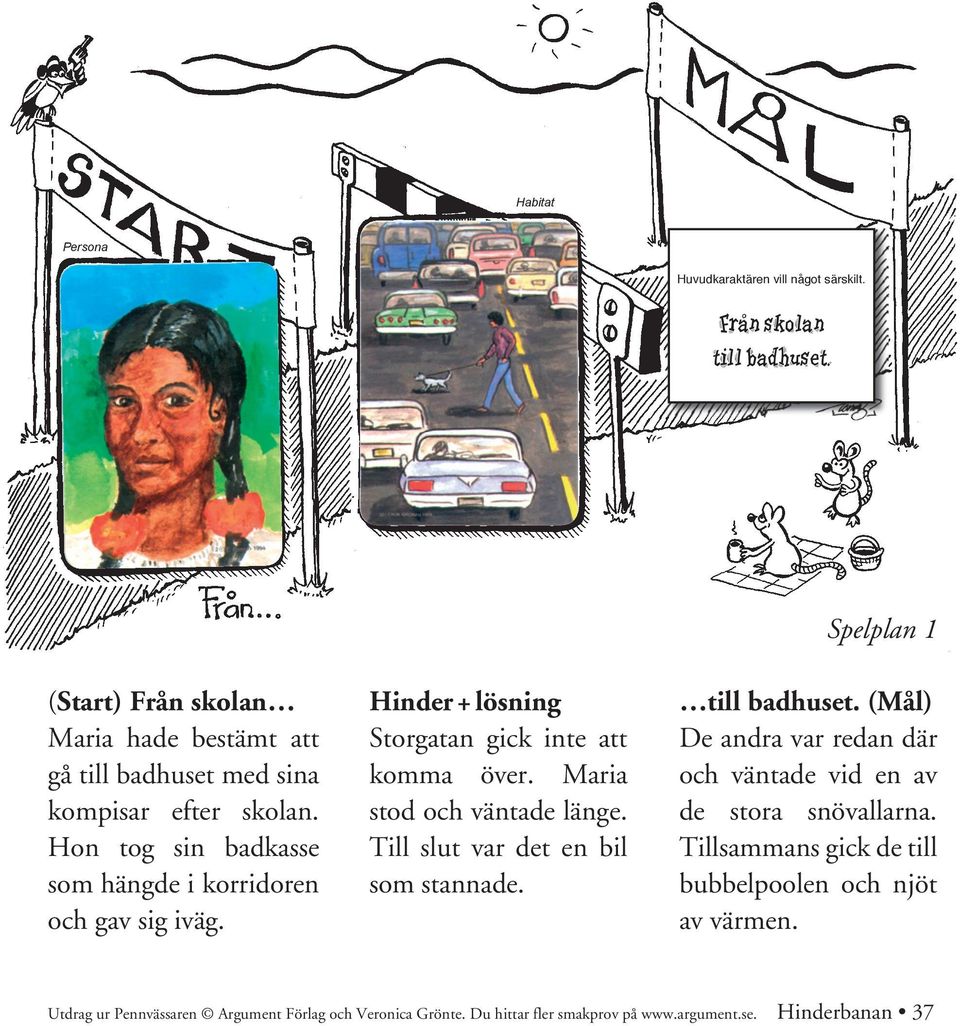 Hinder + lösning Storgatan gick inte att komma över. Maria stod och väntade länge. Till slut var det en bil som stannade. Spelplan 1 till badhuset.