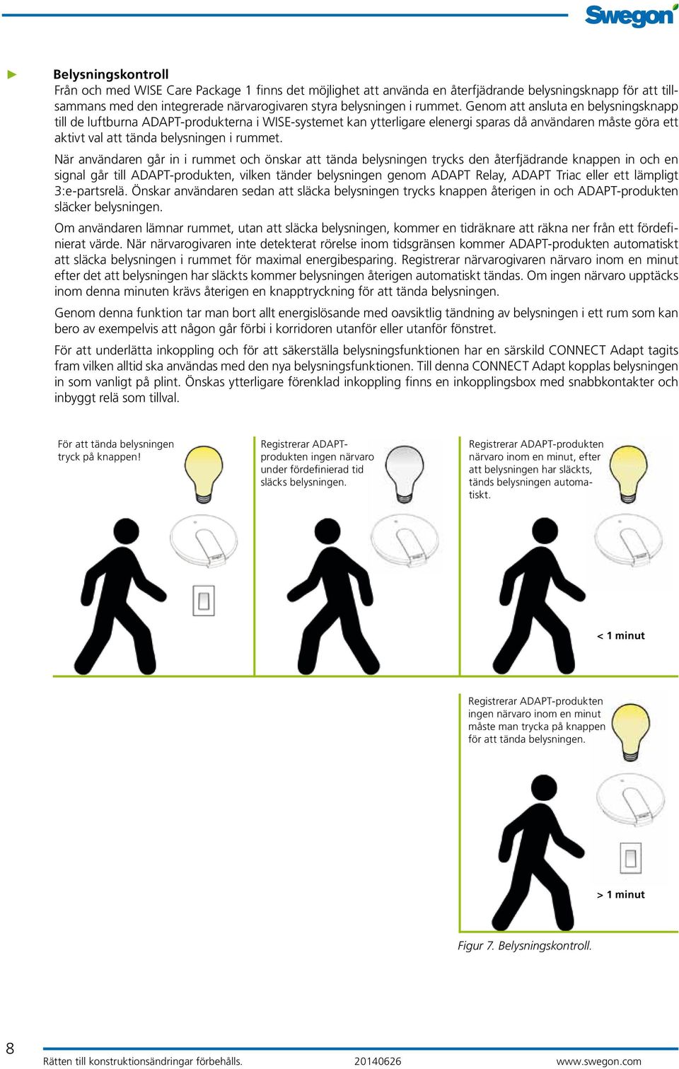 När användaren går in i rummet och önskar att tända belysningen trycks den återfjädrande knappen in och en signal går till ADAPT-produkten, vilken tänder belysningen genom ADAPT Relay, ADAPT Triac