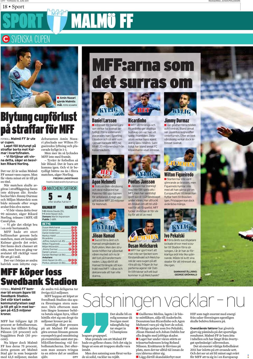 Nu köper dock Malmö FF loss deras 75 procent, detta genom att Malmö Stad går in som borgenär med 43,5 miljoner, medan Blytung cupförlust på straffar för MFF Det var 22 år sedan Malmö FF senast vann