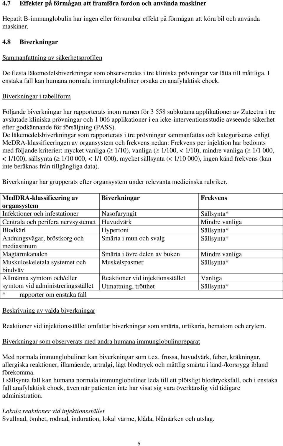 I enstaka fall kan humana normala immunglobuliner orsaka en anafylaktisk chock.
