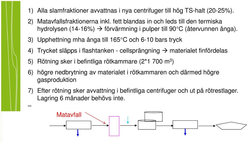 3) Upphettning mha ånga till 165 C och 6-10 bars tryck 4) Trycket släpps i flashtanken - cellsprängning materialet finfördelas 5) Rötning sker i