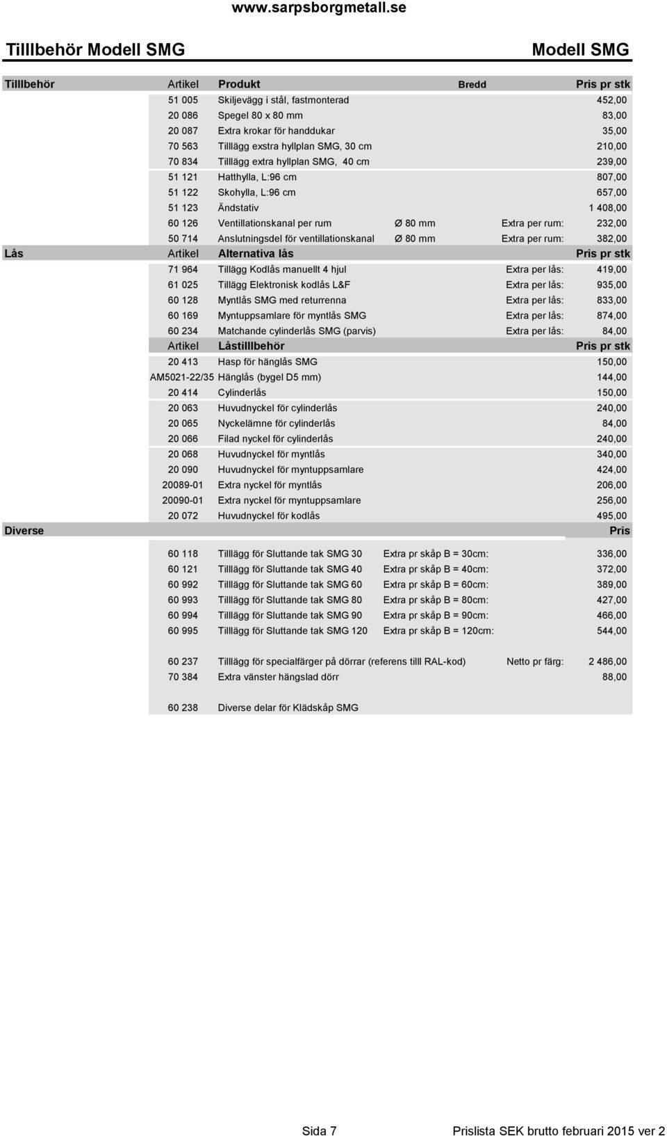 Ventillationskanal per rum Ø 80 mm Extra per rum: 232,00 50 714 Anslutningsdel för ventillationskanal Ø 80 mm Extra per rum: 382,00 Lås Artikel Alternativa lås Pris pr stk Diverse 71 964 Tillägg