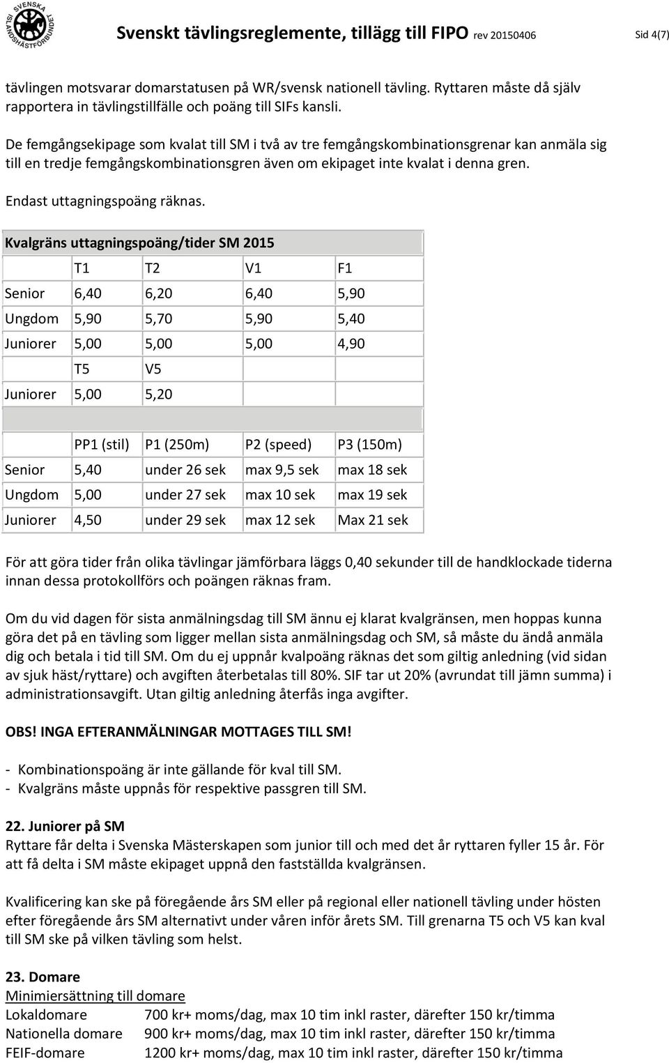 De femgångsekipage som kvalat till SM i två av tre femgångskombinationsgrenar kan anmäla sig till en tredje femgångskombinationsgren även om ekipaget inte kvalat i denna gren.