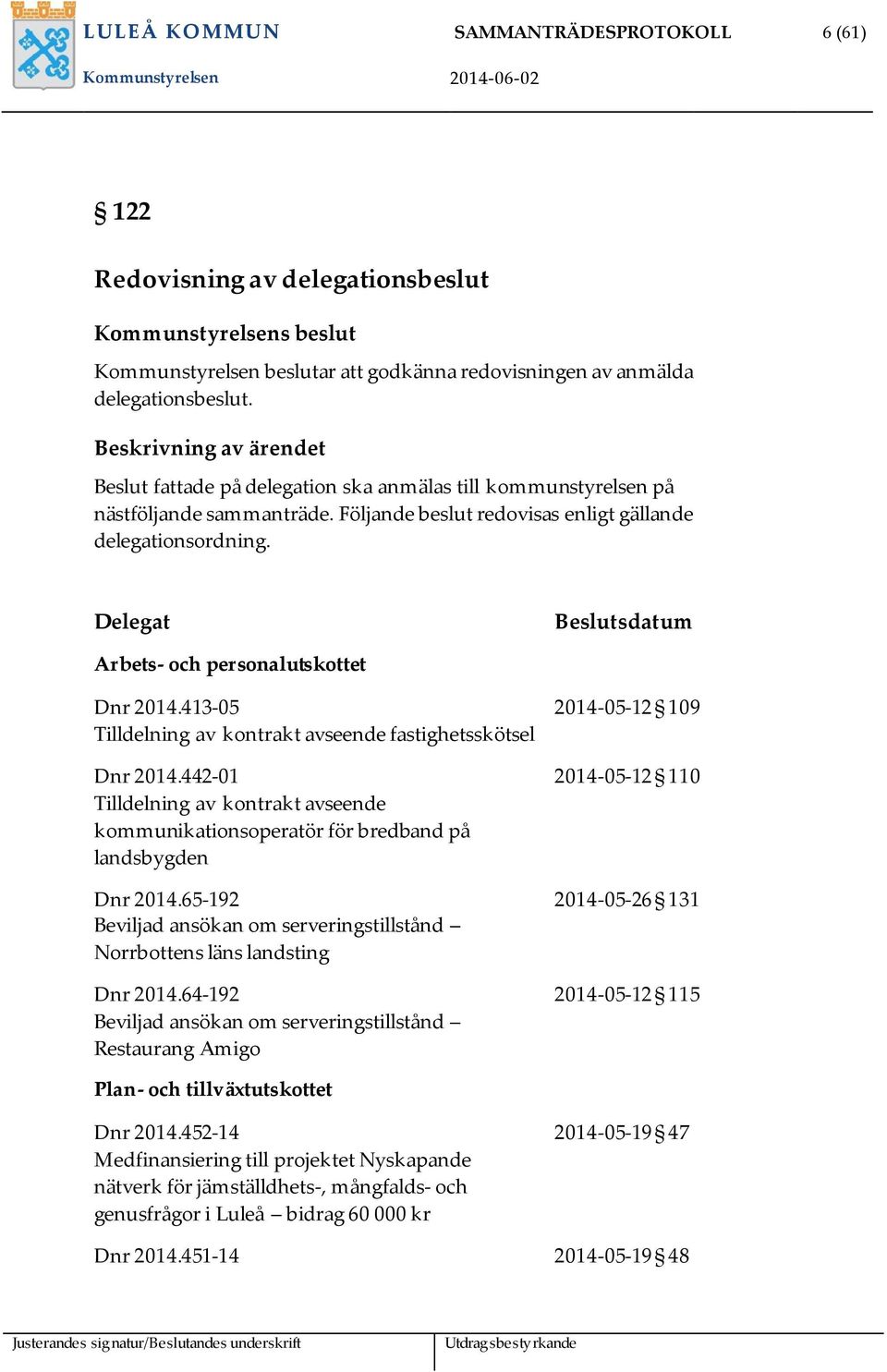 Delegat Beslutsdatum Arbets- och personalutskottet Dnr 2014.413-05 Tilldelning av kontrakt avseende fastighetsskötsel Dnr 2014.
