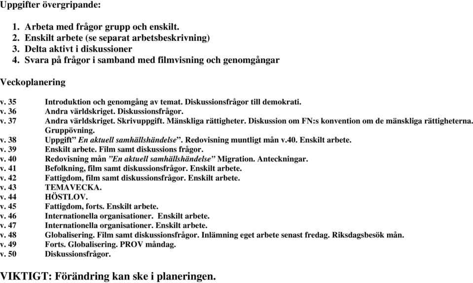 Skrivuppgift. Mänskliga rättigheter. Diskussion om FN:s konvention om de mänskliga rättigheterna. Gruppövning. v. 38 Uppgift En aktuell samhällshändelse. Redovisning muntligt mån v.40. Enskilt arbete.