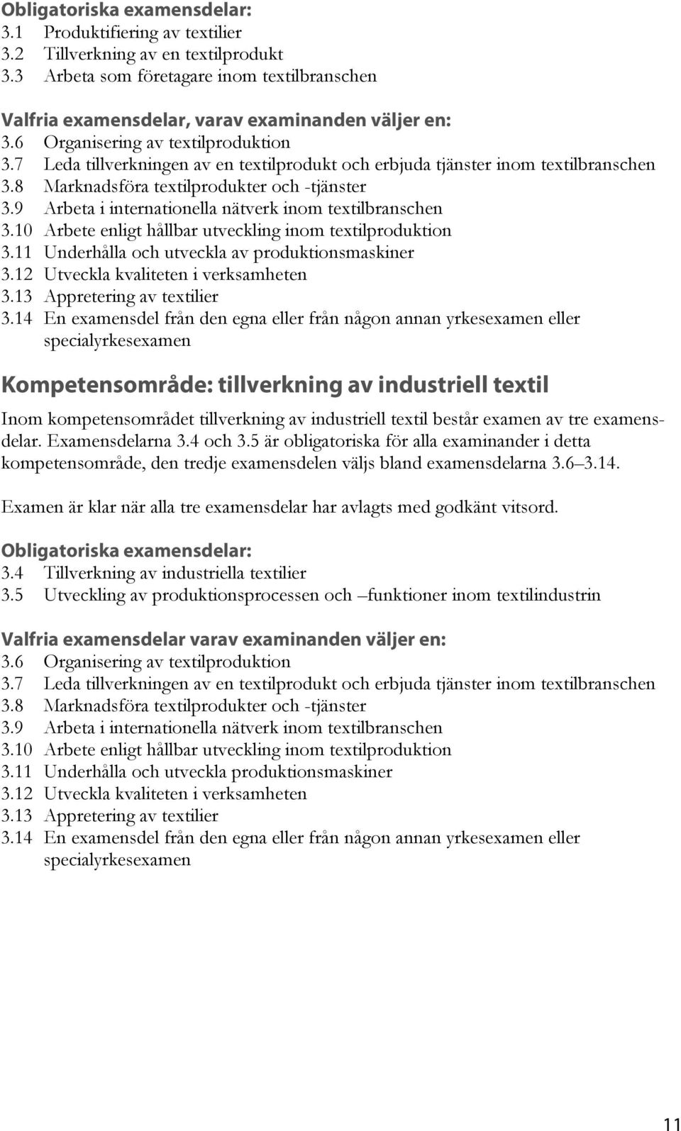 9 Arbeta i internationella nätverk inom textilbranschen 3.10 Arbete enligt hållbar utveckling inom textilproduktion 3.11 Underhålla och utveckla av produktionsmaskiner 3.