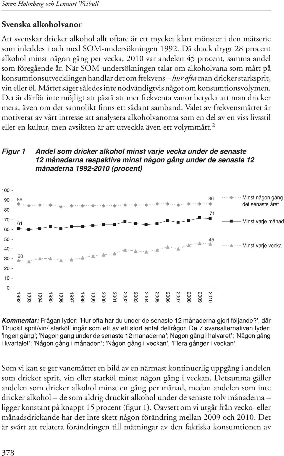 När SOM-undersökningen talar om alkoholvana som mått på konsumtionsutvecklingen handlar det om frekvens hur ofta man dricker starksprit, vin eller öl.