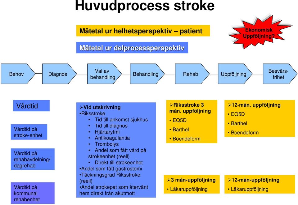 kommunal rehabenhet Vid utskrivning Riksstroke Tid till ankomst sjukhus Tid till diagnos Hjärtarytmi Antikoagulantia Trombolys Andel som fått vård på strokeenhet (reell) Direkt till