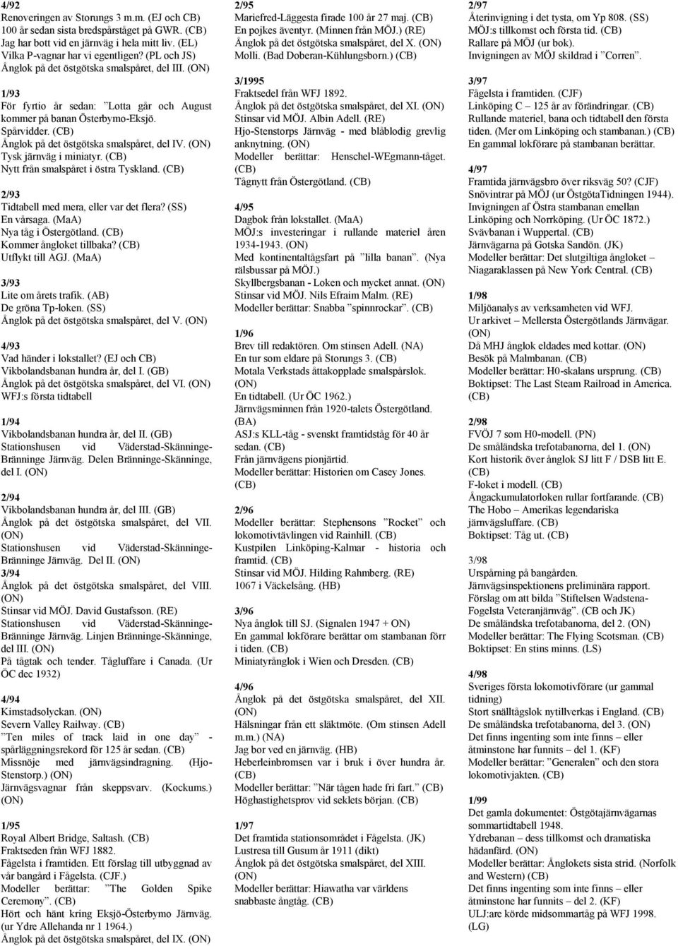 Tysk järnväg i miniatyr. Nytt från smalspåret i östra Tyskland. 2/93 Tidtabell med mera, eller var det flera? (SS) En vårsaga. (MaA) Nya tåg i Östergötland. Kommer ångloket tillbaka? Utflykt till AGJ.