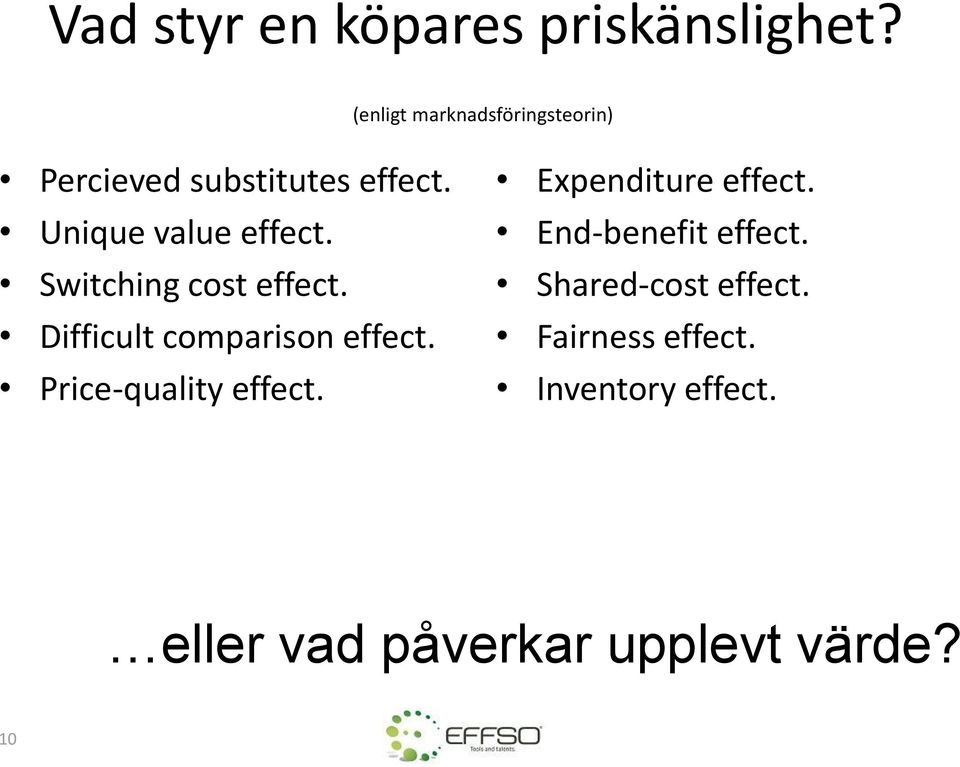 Switching cost effect. Difficult comparison effect. Price-quality effect.