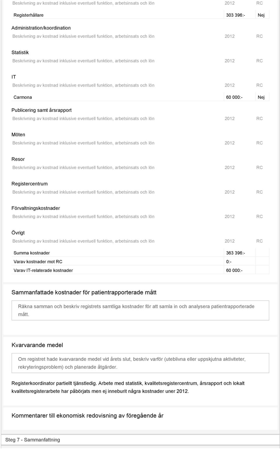 patientrapporterade mått. Kvarvarande medel Om registret hade kvarvarande medel vid årets slut, beskriv varför (uteblivna eller uppskjutna aktiviteter, rekryteringsproblem) och planerade åtgärder.