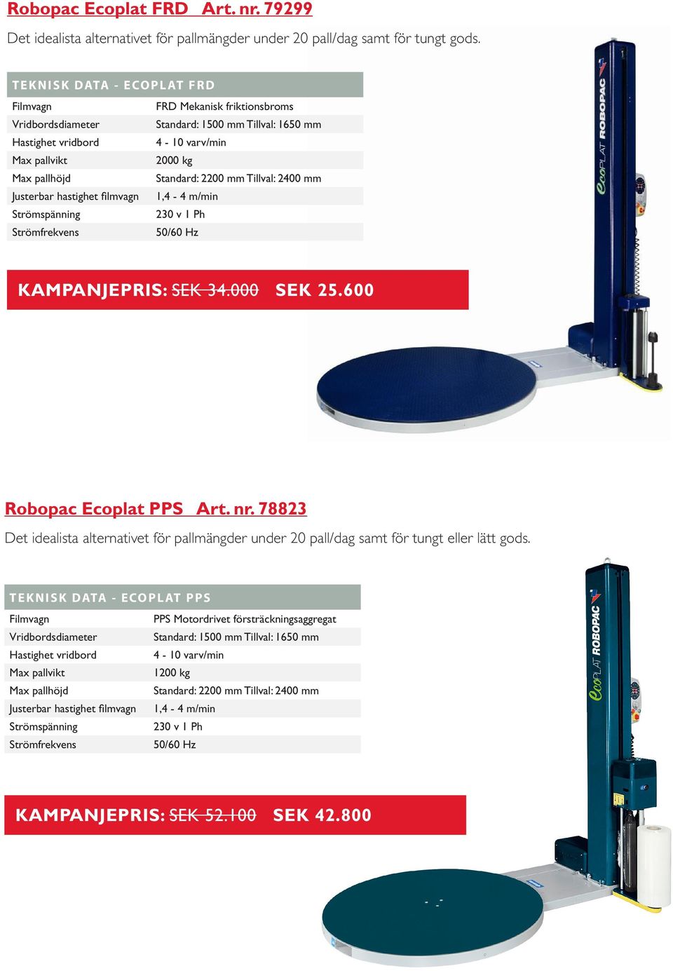 Justerbar hastighet filmvagn 1,4-4 m/min 50/60 Hz KAMPANJEPRIS: SEK 34.000 SEK 25.600 Robopac Ecoplat PPS Art. nr.