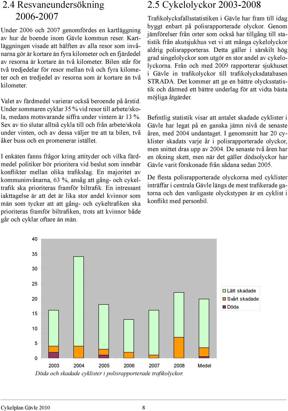 Bilen står för två tredjedelar för resor mellan två och fyra kilometer och en tredjedel av resorna som är kortare än två kilometer. Valet av färdmedel varierar också beroende på årstid.