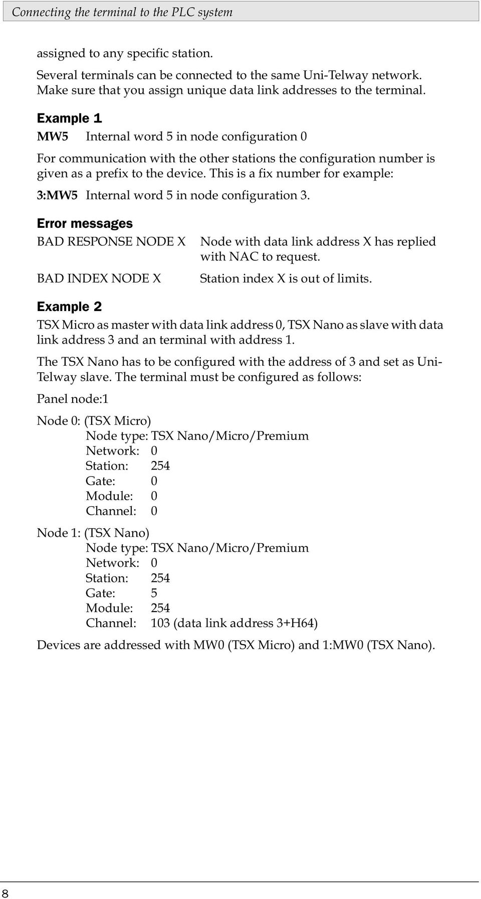 Example 1 MW5 Internal word 5 in node configuration 0 For communication with the other stations the configuration number is given as a prefix to the device.