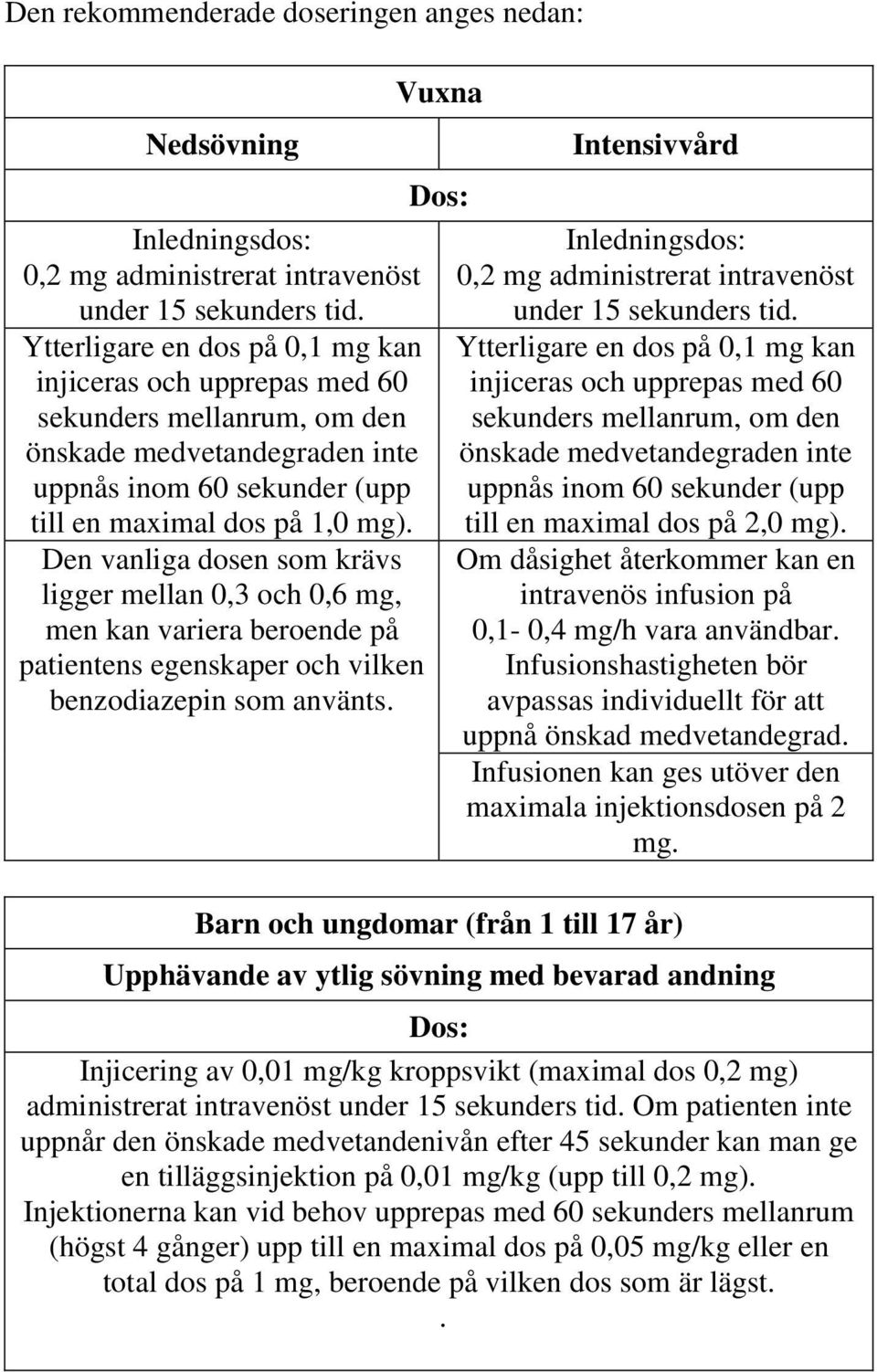 Den vanliga dosen som krävs ligger mellan 0,3 och 0,6 mg, men kan variera beroende på patientens egenskaper och vilken benzodiazepin som använts.