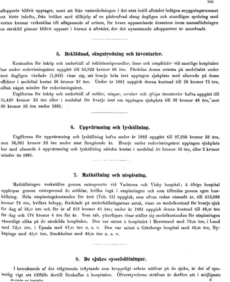 särskild pissoar blifvit uppsatt i hörnet å afträdet, der det nyssnämnde afloppsröret är anordnadt. 5. Beklädnad, sängutredning och inventarier.