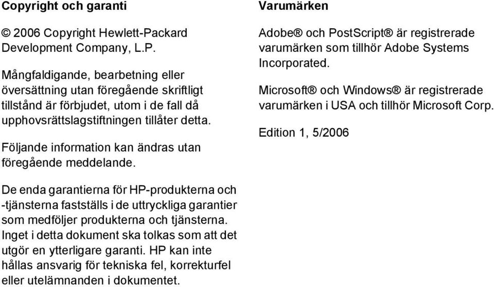 Följande information kan ändras utan föregående meddelande. Varumärken Adobe och PostScript är registrerade varumärken som tillhör Adobe Systems Incorporated.