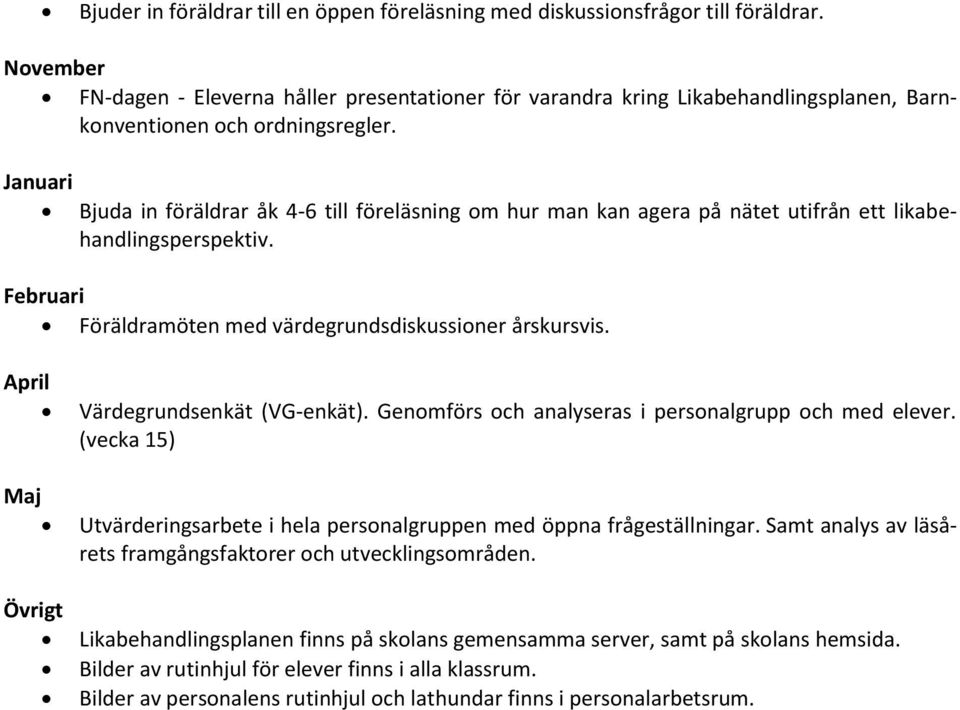 Januari Bjuda in föräldrar åk 4-6 till föreläsning om hur man kan agera på nätet utifrån ett likabehandlingsperspektiv. Februari Föräldramöten med värdegrundsdiskussioner årskursvis.