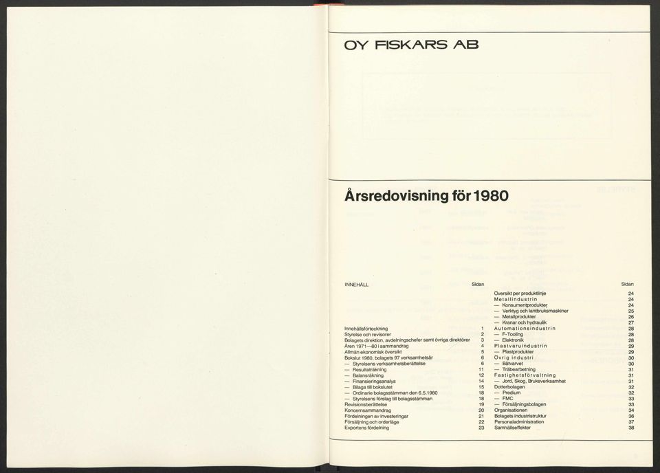 direktorer 3 Elektronik 28 Aren 1971 80 i sammandrag 4 P la s t v a r u in d u s t r in 29 Allman ekonomlsk oversikt 5 Plastprodukter 29 Bokslut 1980, bolagets 97 verksamhetsar 6 ö v r i g in d u s t