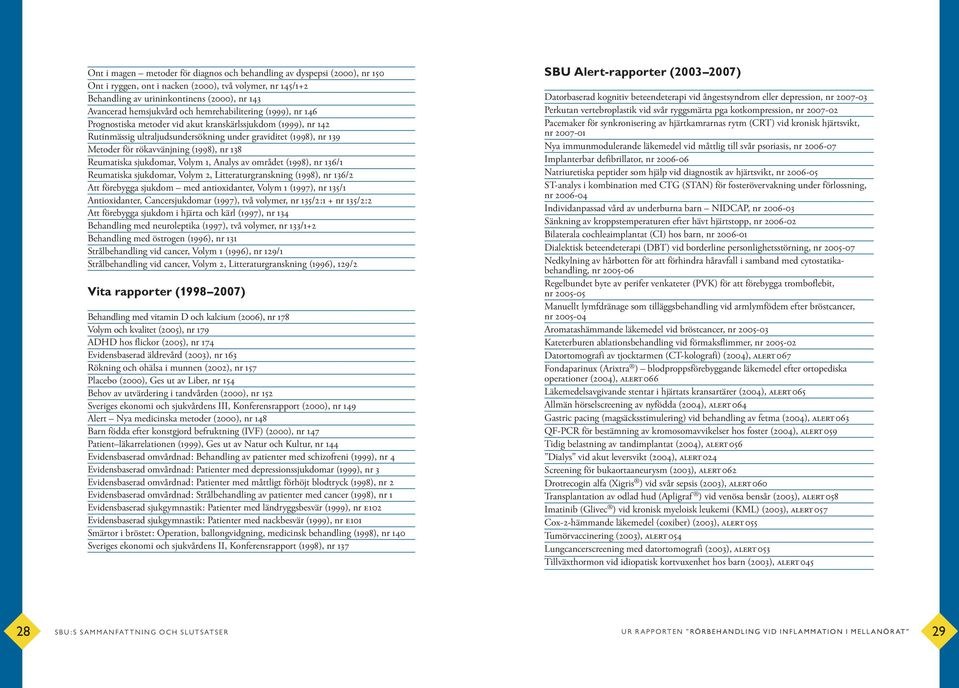 (1998), nr 138 Reumatiska sjukdomar, Volym 1, Analys av området (1998), nr 136/1 Reumatiska sjukdomar, Volym 2, Litteraturgranskning (1998), nr 136/2 Att förebygga sjukdom med antioxidanter, Volym 1