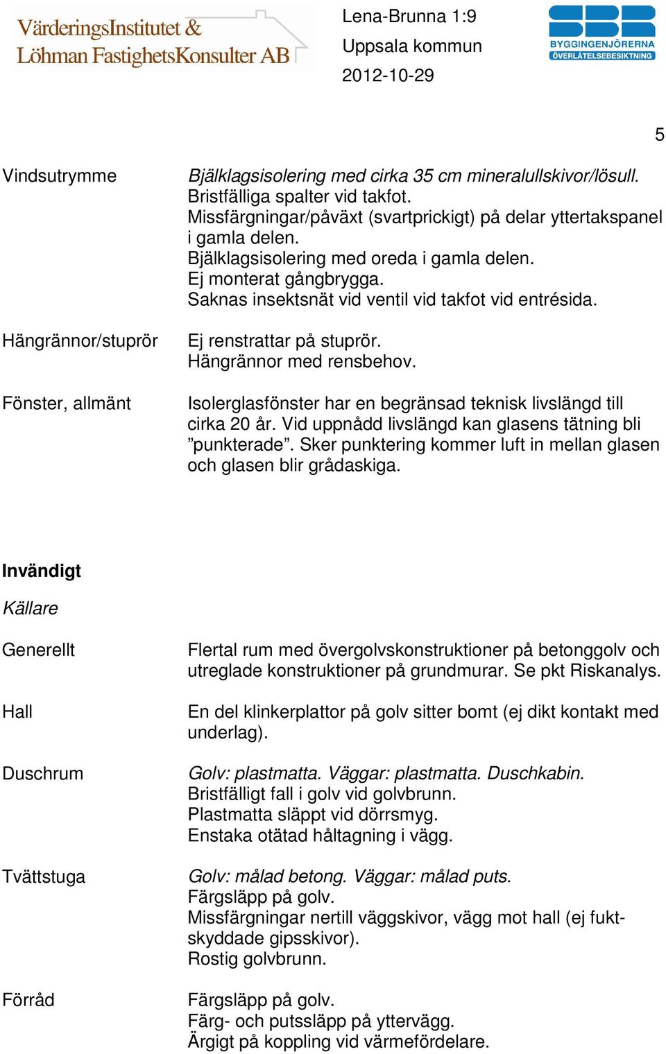 Ej renstrattar på stuprör. Hängrännor med rensbehov. Isolerglasfönster har en begränsad teknisk livslängd till cirka 20 år. Vid uppnådd livslängd kan glasens tätning bli punkterade.