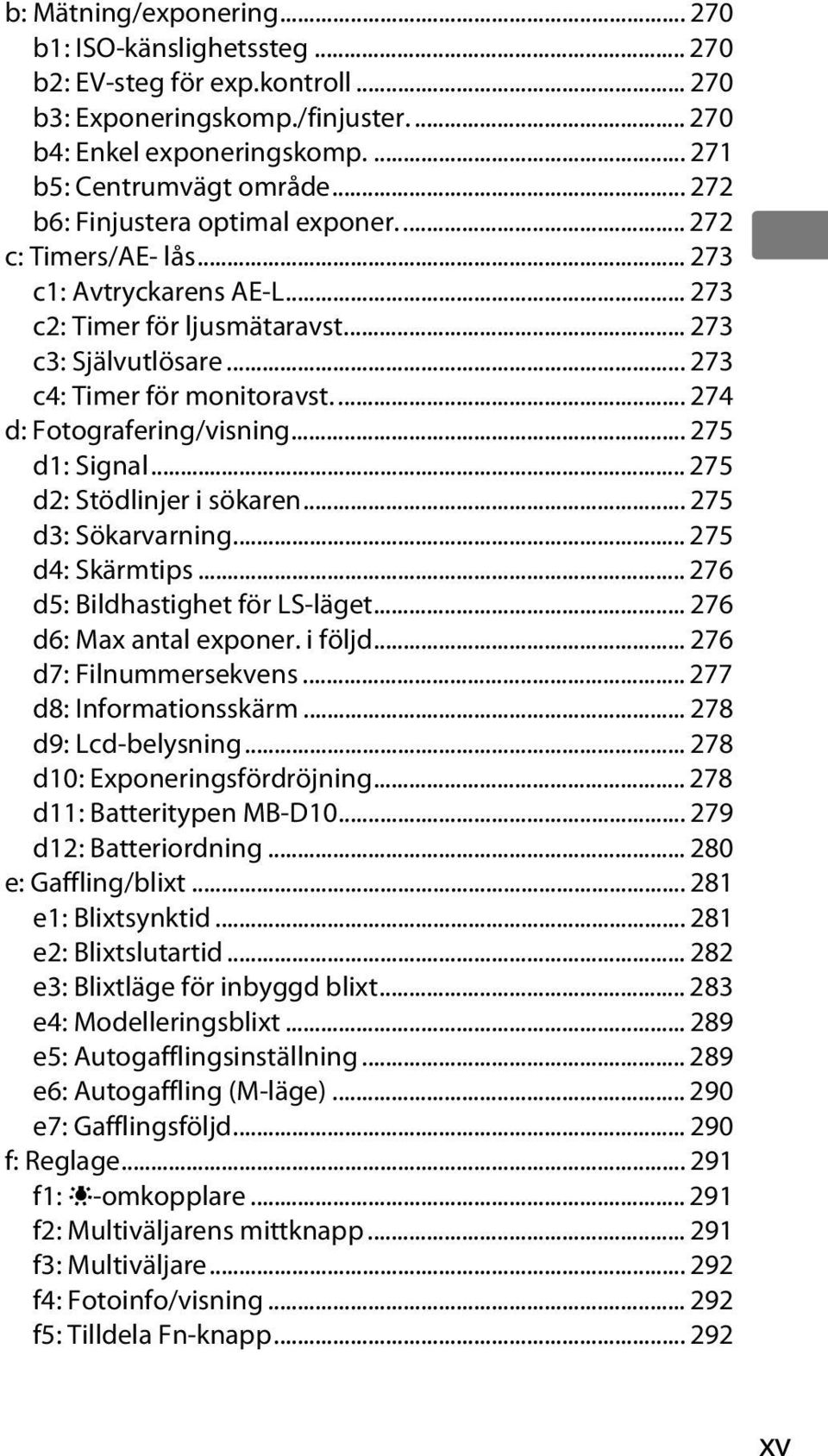 ... 274 d: Fotografering/visning... 275 d1: Signal... 275 d2: Stödlinjer i sökaren... 275 d3: Sökarvarning... 275 d4: Skärmtips... 276 d5: Bildhastighet för LS-läget... 276 d6: Max antal exponer.
