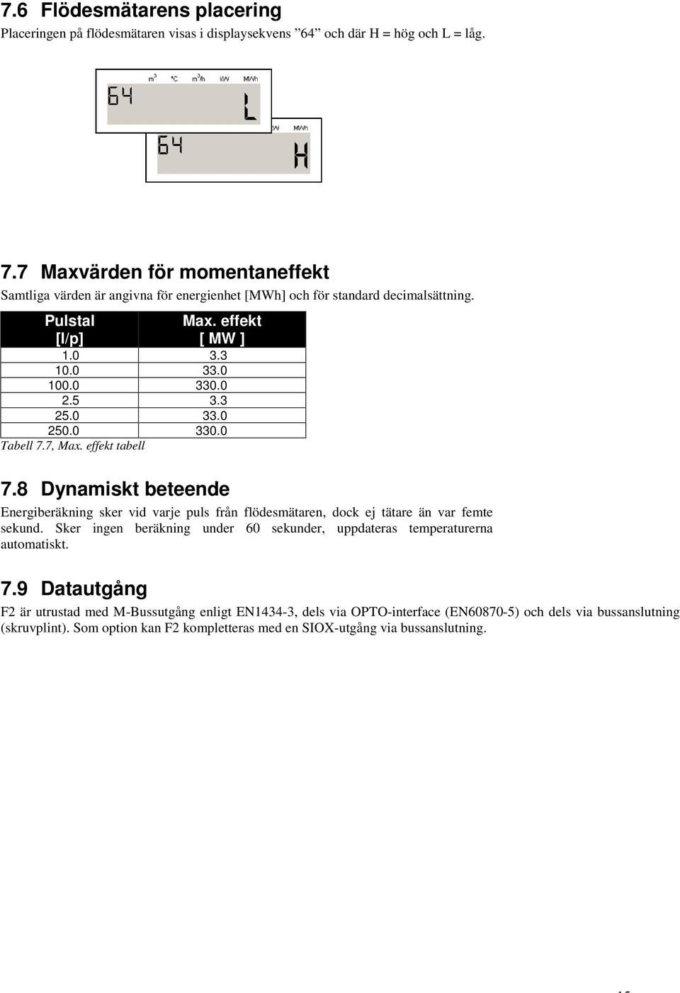 0 33.0 250.0 330.0 Tabell 7.7, Max. effekt tabell 7.8 Dynamiskt beteende Energiberäkning sker vid varje puls från flödesmätaren, dock ej tätare än var femte sekund.