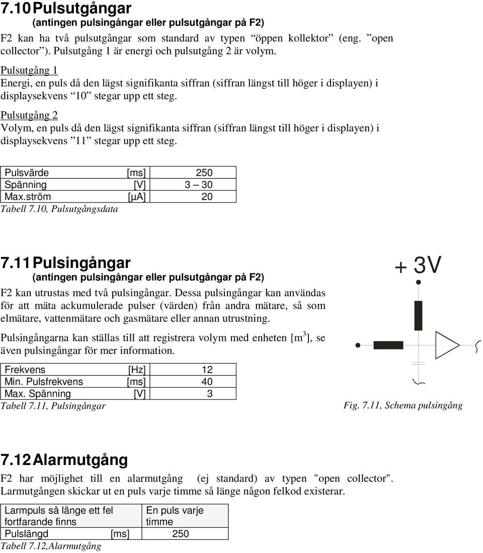 Pulsutgång 2 Volym, en puls då den lägst signifikanta siffran (siffran längst till höger i displayen) i displaysekvens 11 stegar upp ett steg. Pulsvärde [ms] 250 Spänning [V] 3 30 Max.