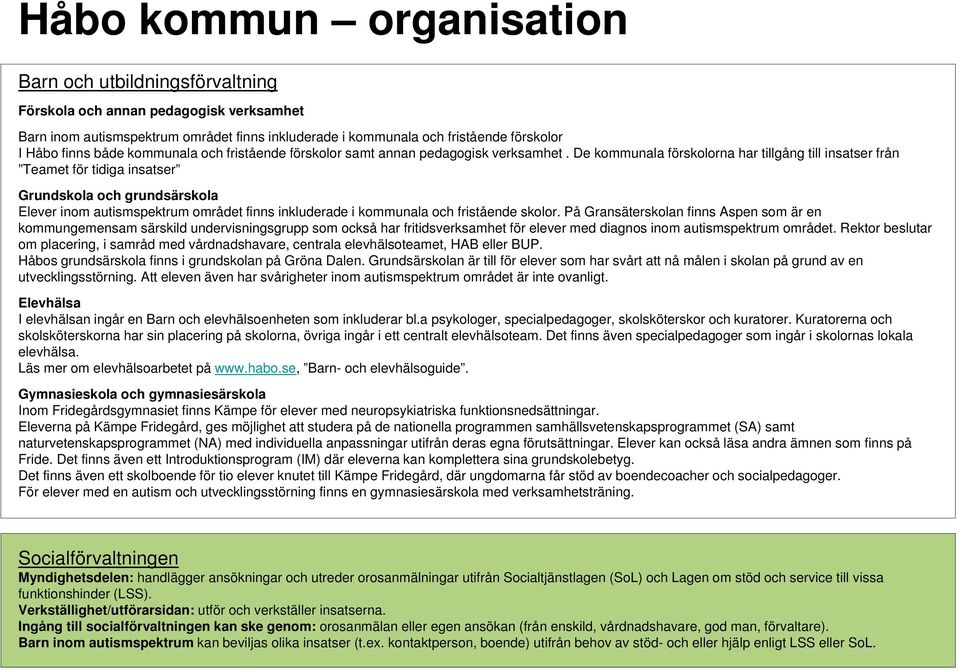 De kommunala förskolorna har tillgång till insatser från Teamet för tidiga insatser Grundskola och grundsärskola Elever inom autismspektrum området finns inkluderade i kommunala och fristående skolor.